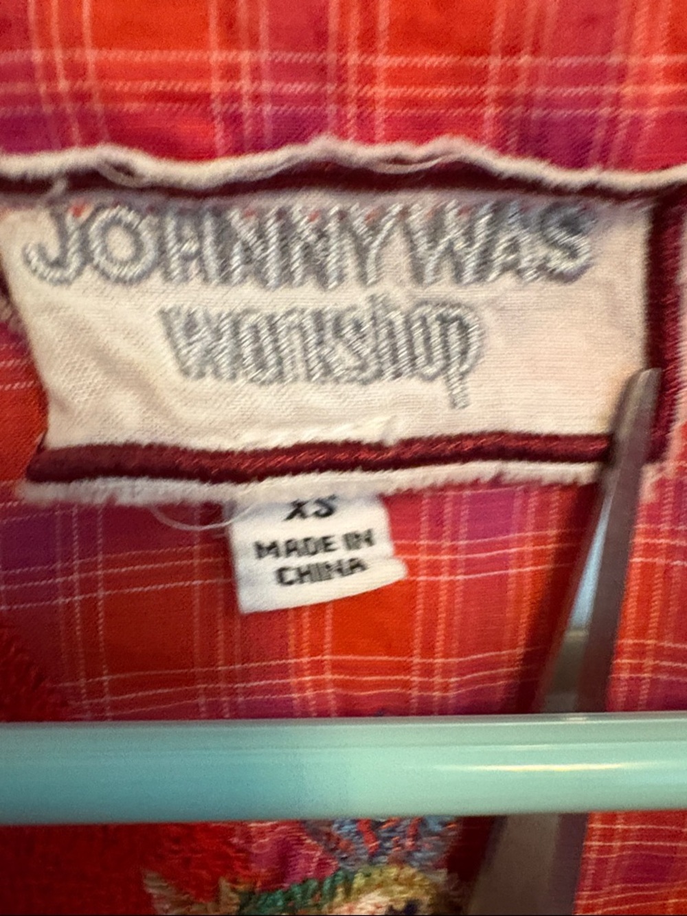 Johnny Was Workshop Red and Purple Plaid Embroidered Floral Peasant Blouse - Picture 2 of 10